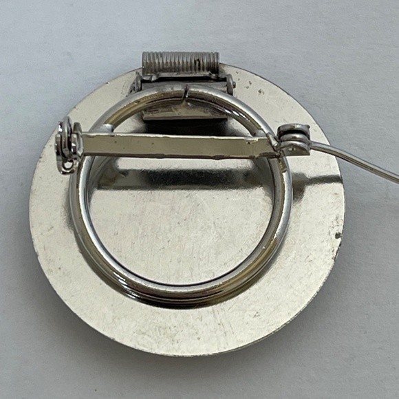 Vintage Brooch Scarf Clip Combination Silver Tone Brushed Disc Polished Ring - Picture 2 of 8